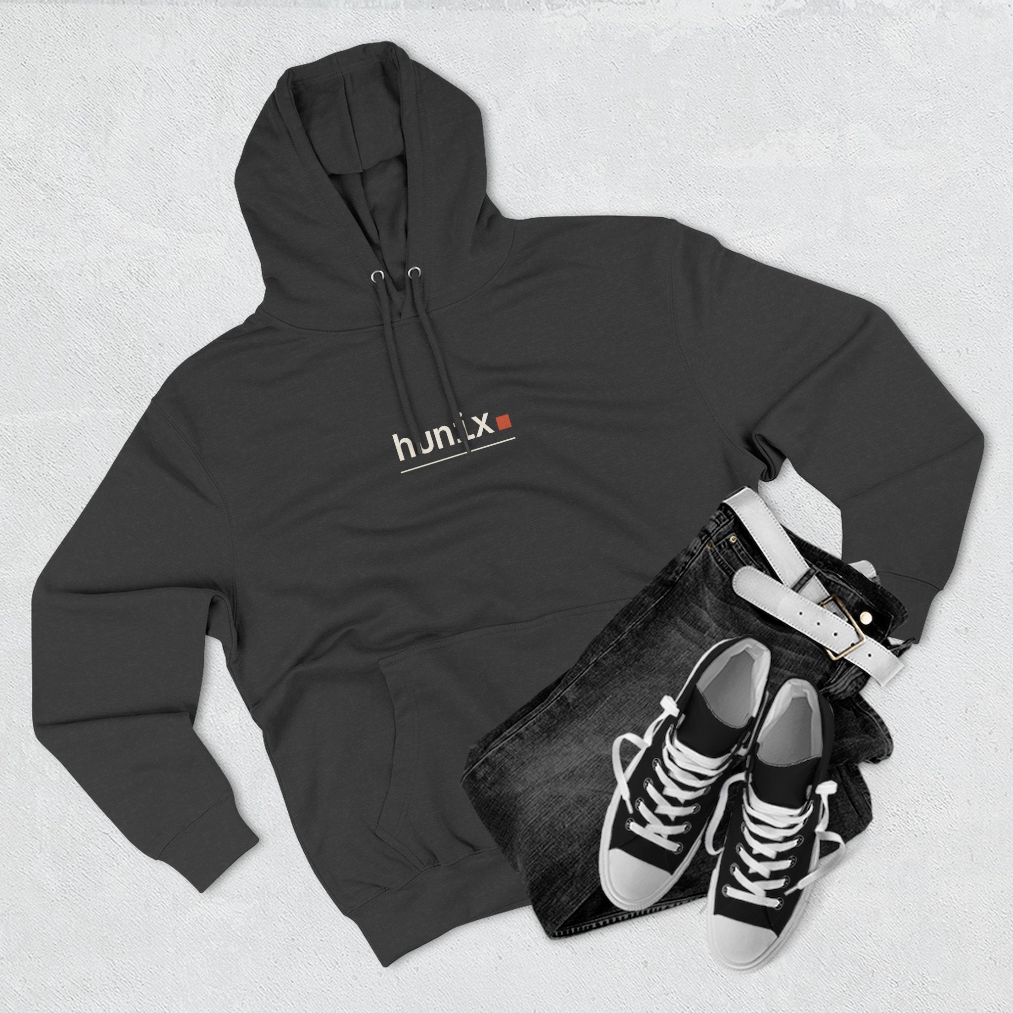 Person wearing hUnix Charcoal Heather fleece hoodie, lifestyle view