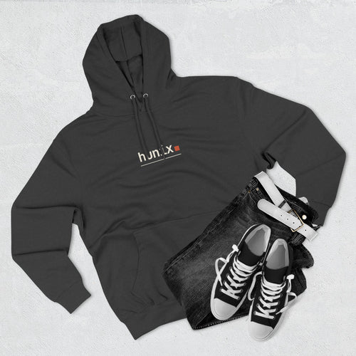 Person wearing hUnix Charcoal Heather fleece hoodie, lifestyle view