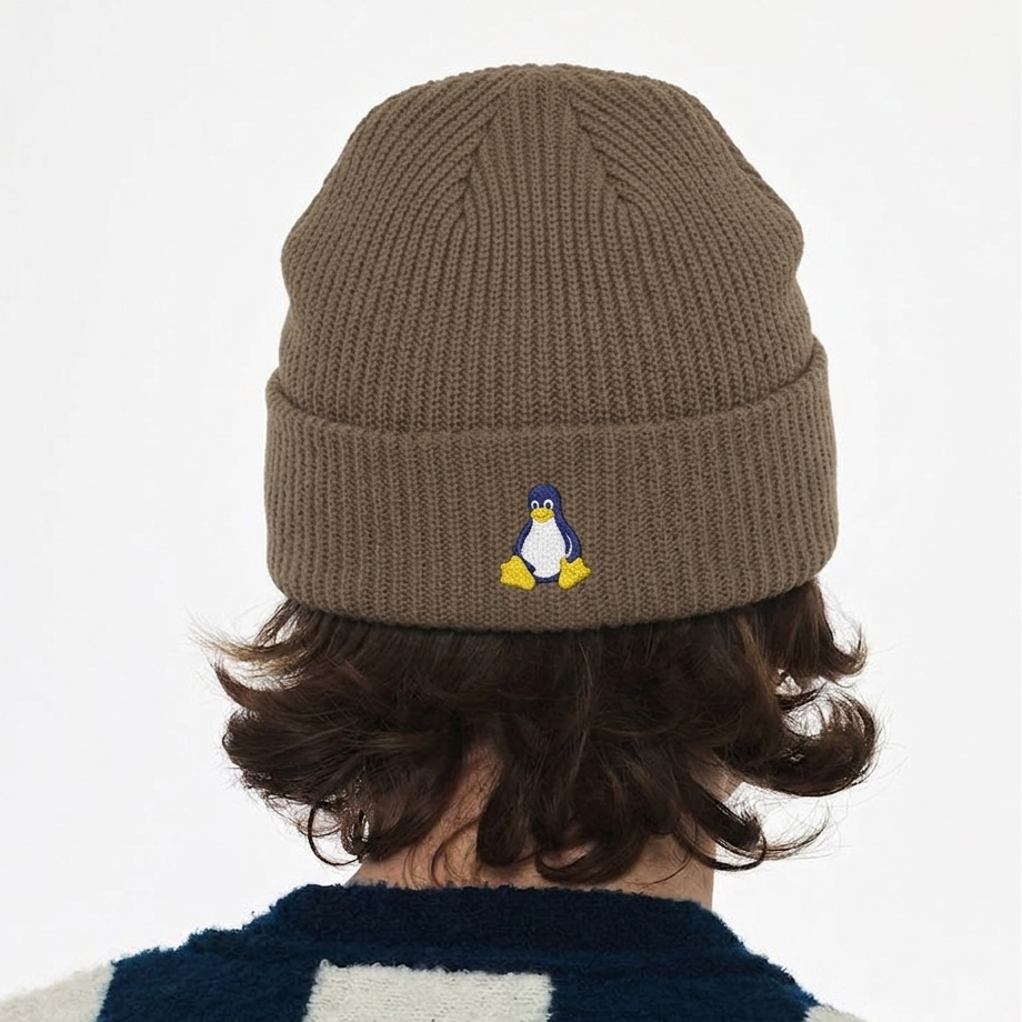 Tux Beanie — front view, Tux penguin embroidered on cuff, Athletic Heather