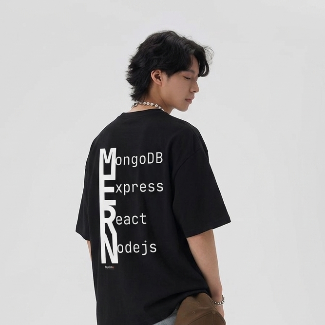 Person wearing a black t-shirt with white text on the back, standing against a plain background