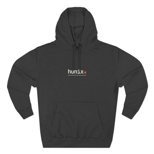 hUnix Charcoal Heather fleece hoodie with minimal embroidered logo, front view