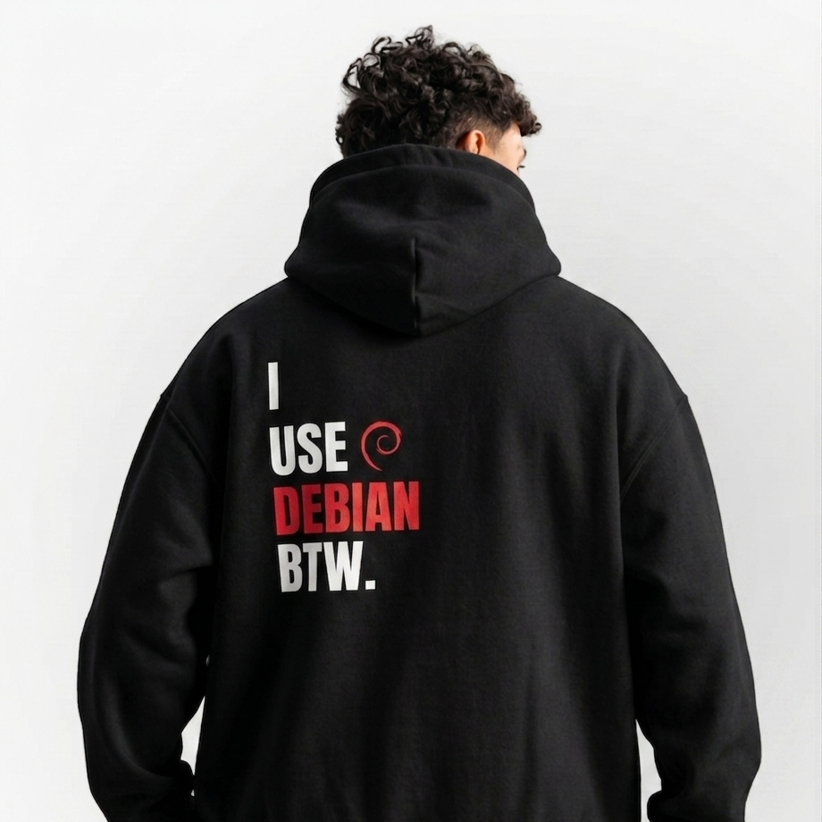 Person wearing a black hoodie with text on the back against a white background