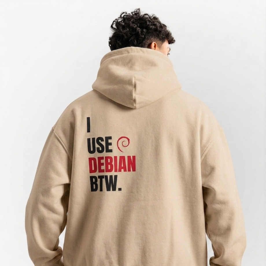 Person wearing a beige hoodie with text on the back, standing against a white background