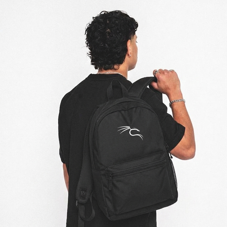 Kali Linux Backpack — black polyester backpack with Kali Linux dragon logo, worn by model