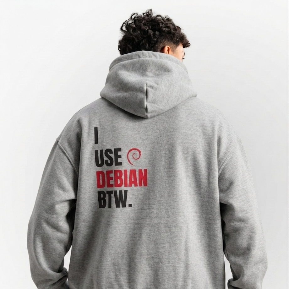Person wearing a gray hoodie with text on the back, standing against a white background