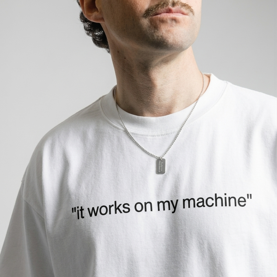 It Works On My Machine T-Shirt — front graphic on garment-dyed black tee