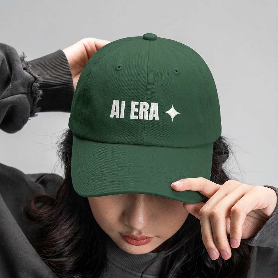 Person wearing a green cap with 'AI ERA' logo on a gray background