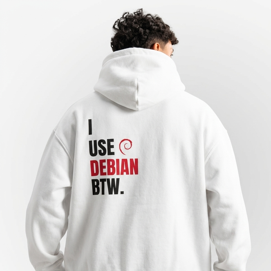 Person wearing a white hoodie with text on the back, standing against a plain background